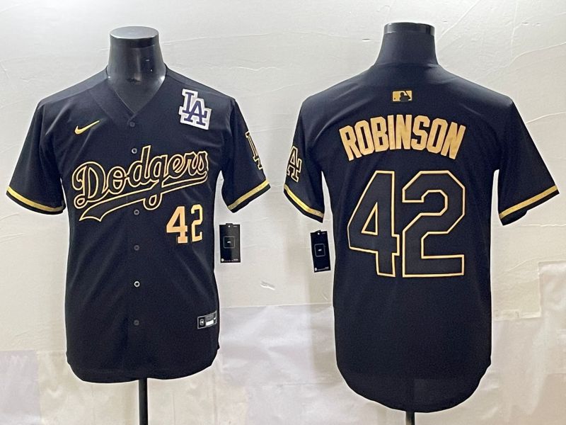 Men 2025 Los Angeles Dodgers #42 Robinson Black Gold Five generations Nike MLB Jersey style 6